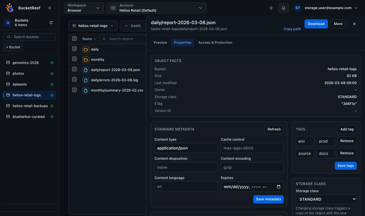 S3 Browser with object listing and file details