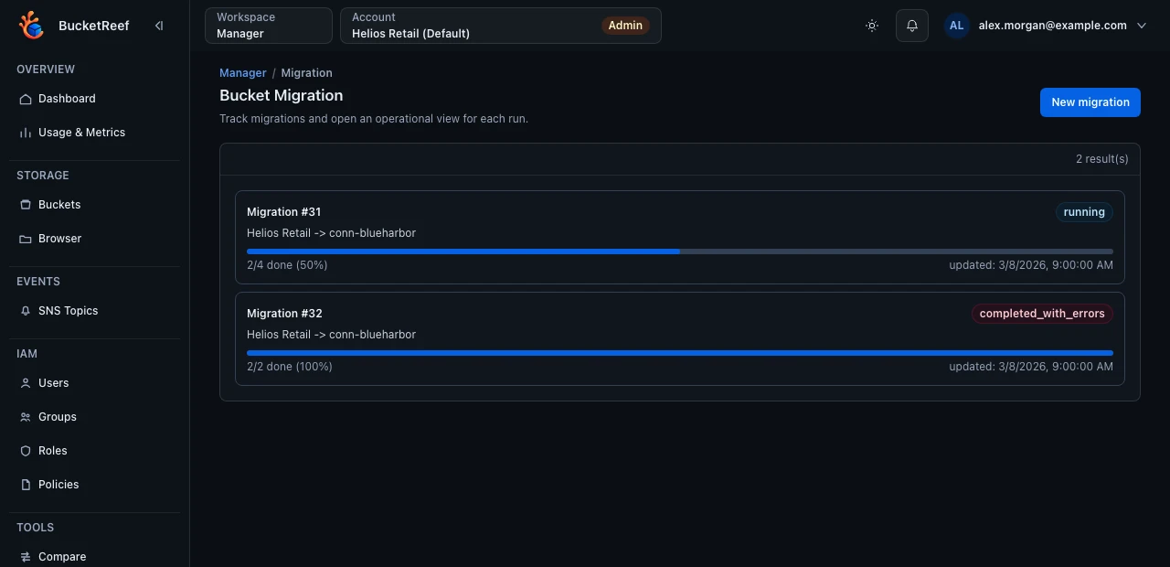 Bucket migration workflow with transfer status and progress